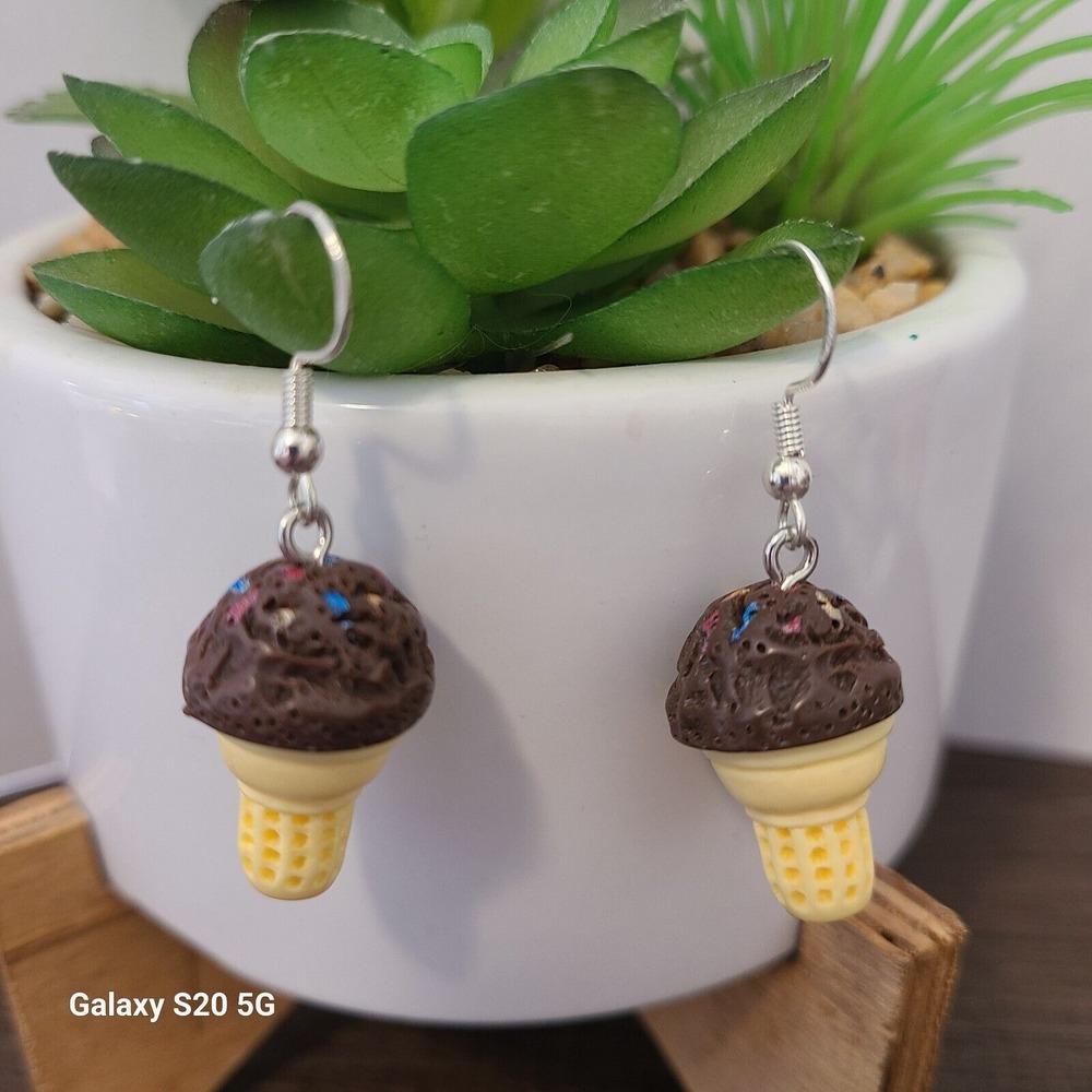 Handmade Ice Cream Cone Dangle‎ Earrings Fun Novelty Food Jewelry Cute Earrings